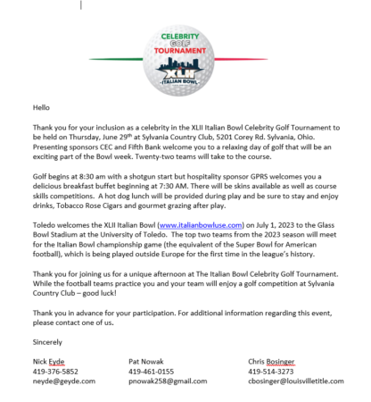 Italian Bowl Celebrity Golf Outing - Team 2, Slot 2 - Image 2